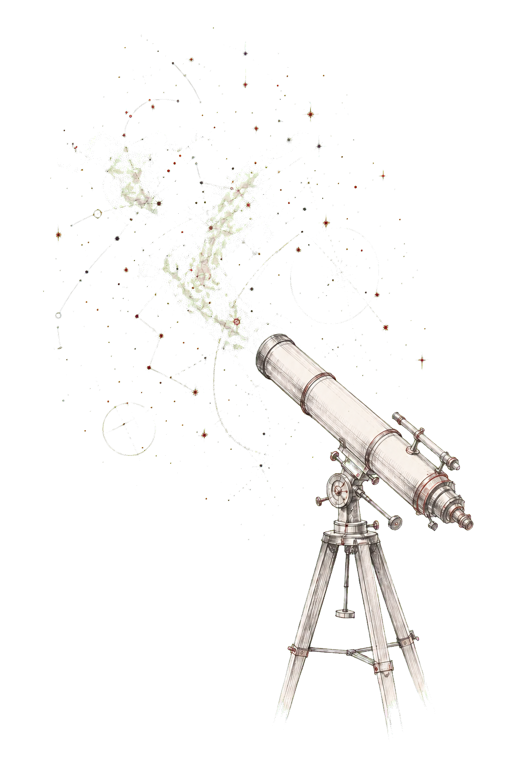 A hand-drawn telescope pointed toward a cloud of stars
